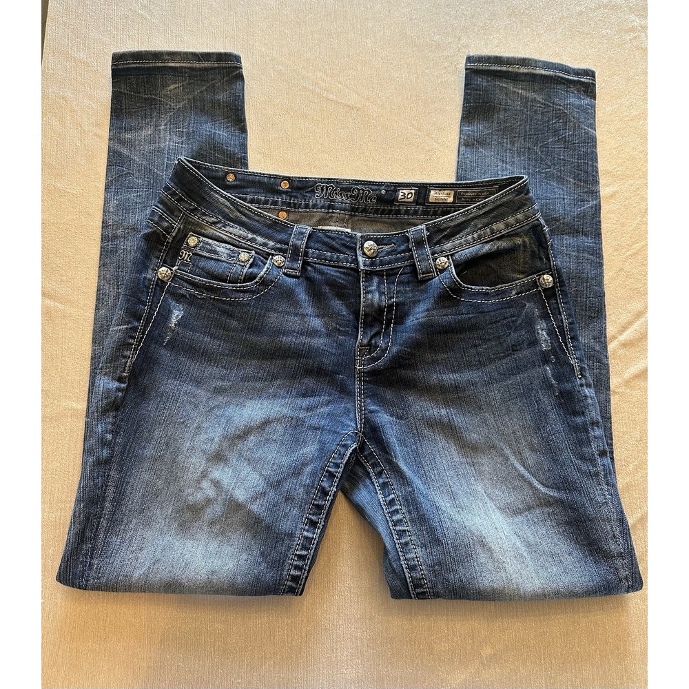 Miss Me Jeans Sz 30 Skinny Wing Rhinestone Bling Low Rise Medium‎ Wash - Picture 6 of 10
